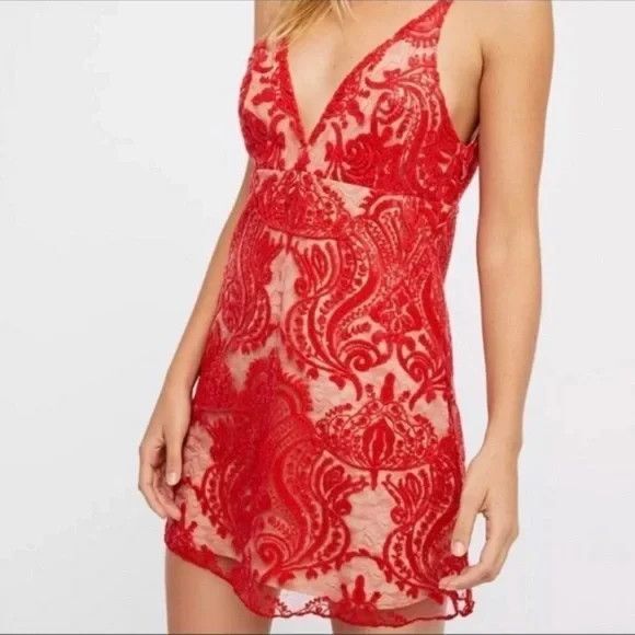 Free People Romper Womens 0 Red Sequin Lace Mesh V Neck Spaghetti Straps Mini - Picture 2 of 12